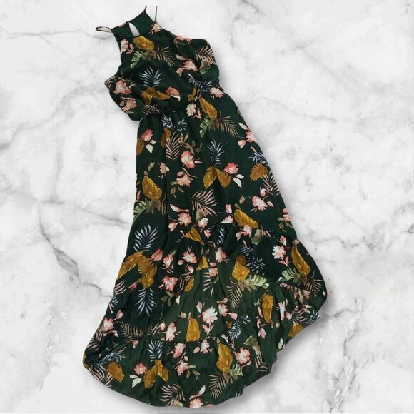 Bailey Blue Maxi Halter Dress Small Dark Fairy Hi Lo Ruffle Key Hole Tropical - Picture 11 of 12